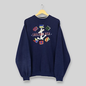 Vintage Sailing USA Blue Sweatshirt Large Sailing USA Embroidered Graphics Boxy Crewneck Love Sailing Gear Blue Sweater Size L