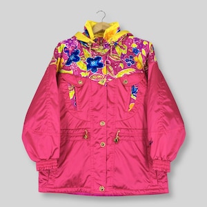 Vintage 90s Esfeel Bomber Winter Floral Pop Art Jacket Large Japan Skiing Sportswear Women Jacket Skiwear Snow Pink Hooded Jacket Size L