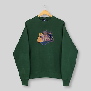 Vintage 90s Cat Kitten Artwork Green Sweatshirt Medium Cute Cats Art Graphic Embroidered Sweater Morning Sun Kitty Cat Sweater Size M
