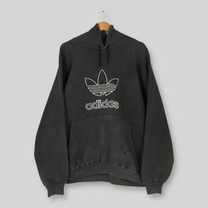 Vintage 90s Adidas Trefoil Hoodie Sweater Medium Adidas Embroidered Big Logo Pullover Adidas Three Stripes Faded Black Sweatshirt Size M