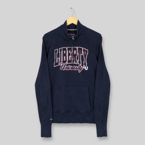 Suéter vintage de la Universidad Liberty con media cremallera para mujer, talla grande, con el logo de la Universidad Liberty Spell Out, sudadera azul de la NCAA con llamas de Liberty, talla L