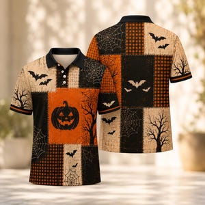May include: A short-sleeved polo shirt featuring a patchwork design with orange, black, and beige panels. The pattern includes illustrations of jack-o'-lanterns, spider webs, bats, and bare trees, along with a black collar and a three-button placket.