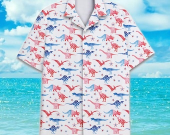 Dinosaur Hawaiian Shirt for Men, Funny Patriotic Dino Space Button Down, 4th of July Outfit, Dad Gift, Mens Hawaiian Shirt, USA Party Shirt