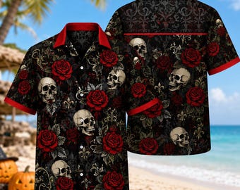 Gothic Skull Rose Hawaiian Shirt, Floral Skull Aloha Shirt, Halloween Tropical Button Up, Dark Romantic Beach Vacation Shirt