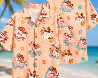 Cute Summerween Hawaiian Shirt, Kawaii Ghost Beach Shirt, Pink Halloween Tropical Button Up, Ghost Flamingo Vacation Shirt