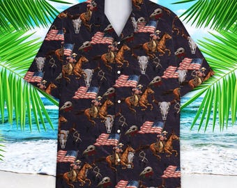 American Flag Cowboy Hawaiian Shirts For Men USA Shirt 4th of July Gun Mens Hawaiian Shirts Short Sleeve Button Down Shirt
