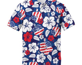 Polo da uomo con bandiera americana e motivo ibisco, maglietta da golf Aloha