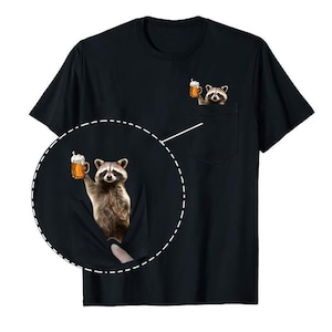 Raccoon Pocket T-Shirt Funny Short Sleeve Tee Playful Animal Graphic Top Casual Summer Shirt Outdoor Adventure