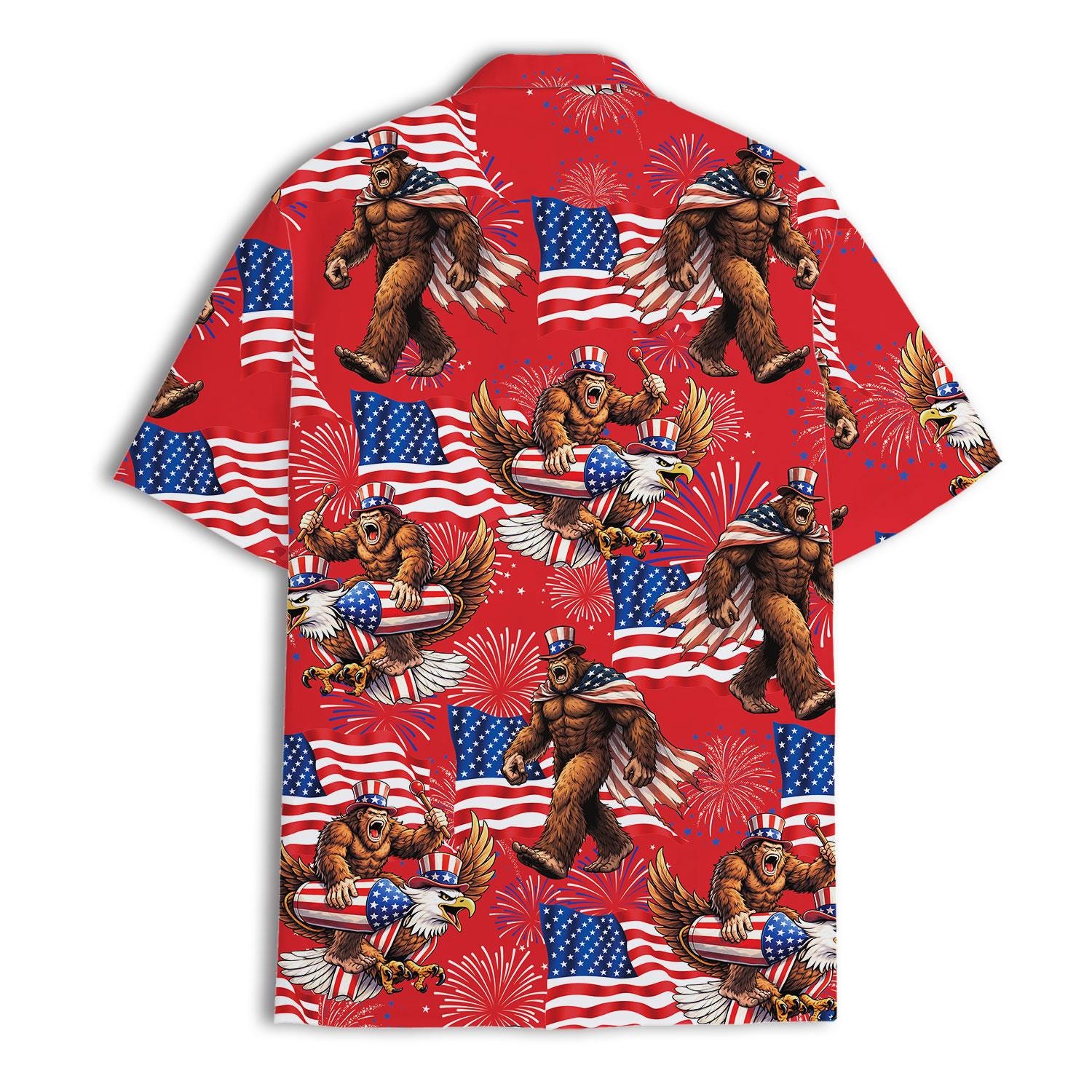 Discover Bigfoot Firework Hawaiian Shirt, Patriotic Aloha Shirt with USA Flag Print
