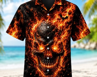 Flaming Skull Hawaiian Shirt, Fire Skull Aloha Shirt, Inferno Skull Tropical Button Up, Halloween Beach Vacation Shirt for Men