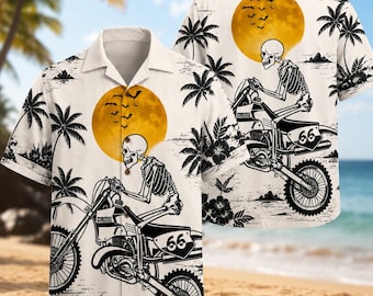 Skeleton Dirt Bike Hawaiian Shirt, Motocross Skull Aloha Shirt, Rider Beach Button Up, Biker Vacation Gift for Men