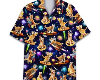 Galaxy Colorful Cat Pizza Space Hawaiian Shirts for Men Vintage