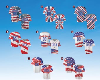 May include: Collection of baseball jerseys in red, white, and blue, featuring patriotic designs. Each jersey has the number "88" and some include the text "USA" or "YOUR NAME". The designs incorporate stars, stripes, and flag-inspired patterns.
