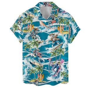 Camisa hawaiana con divertido gato surfeando - Camisa de botones para playa de verano