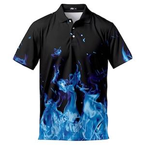 May include: A black polo shirt with a blue flame pattern. The shirt has a collar and short sleeves.