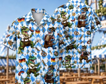 Lustiges Oktoberfest Dinosaurier Hawaii Hemd, T-Rex Bier Aloha Shirt, Bayerischer Dino Button Up, Bier Festival Urlaub Shirt