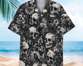 Gothic Skull Hawaiian Shirt, Vintage Skull Aloha Shirt, Dark Floral Skeleton Tropical Button Up, Halloween Beach Vacation Shirt