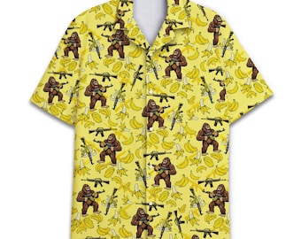 Camisa hawaiana divertida con diseño de Bigfoot Banana y Sasquatch tropical