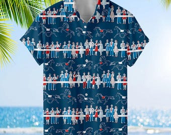 Men’s Hawaiian Shirt Horse Racing Polo, Kentucky Derby Shirt, Vintage Aloha Button-Down, Kentucky Horse Lover Gift, Gift for Him