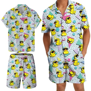 Funny Rubber Duck Hawaiian Sets Bowling Shirts Vintage Hawaiian Shorts Duck Mens Shorts Summer Set Outfit For Men Two Piece Set