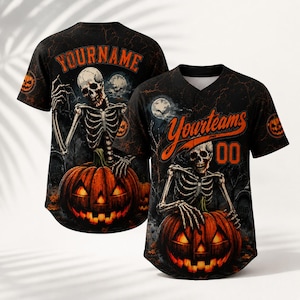 Custom Skeleton Pumpkin Baseball Jersey, Personalized Name Number Shirt, Spooky Halloween Apparel