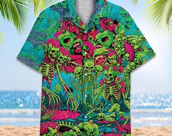 Zombie Hawaiian Shirt, Horror Zombie Aloha Shirt, Toxic Skull Tropical Button Up, Halloween Beach Vacation Shirt for Men