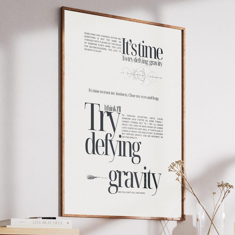 Poster beige avec les paroles de defying gravity de wicked, Poster à imprimer wicked le film, Wicked la comédie musicale poster a imprimer defying gravity