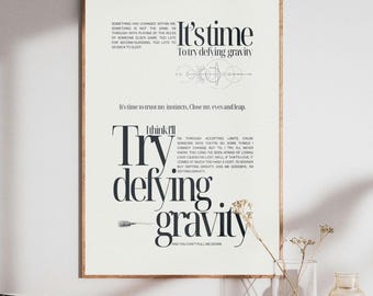 Afdrukbare poster geïnspireerd door Wicked, songtekst van "Defying Gravity" van Wicked, musical, Elphaba en Glinda songtekst van het nummer Wicked