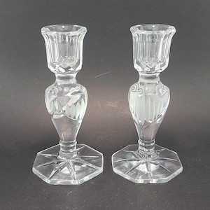 Vintage Pair Of Crystal Cut Pin Wheel Candle Holders With Frost Cut Center Designing