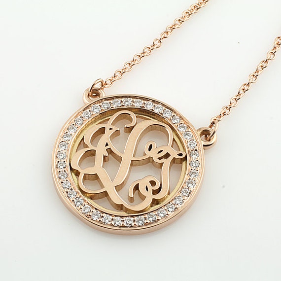 14k Gold Diamond Rimmed Round Monogram Pendant With Chain - 14k Gold Monogram Pendant 14k Gold Diamond Rimmed Round Monogram Pendant With Chain - 14k Gold Monogram Pendant
