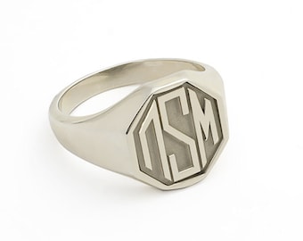 Men's Octagon Monogram Ring in Sterling Silver | Sterling silver Initial Ring | Sterling Silver Monogram Ring