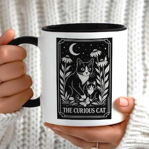 O Gato Curioso, Carta de Tarô, Flores, Lua, Presente para Amantes de Gatos, Decoração de Cozinha com Bruxa, Xícara de Café Boho, Presente para Senhora dos Gatos, Presente para Amantes de Gatos