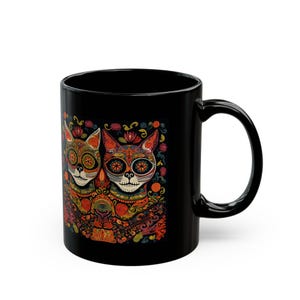 Vibrant Day of the Dead Cat Mug - Fun Coffee Cup for Cat Lovers, Artistic Black Mug for Dios de los Muertos and Halloween image 4