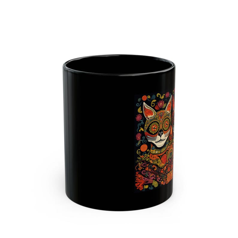 Vibrant Day of the Dead Cat Mug - Fun Coffee Cup for Cat Lovers, Artistic Black Mug for Dios de los Muertos and Halloween image 3