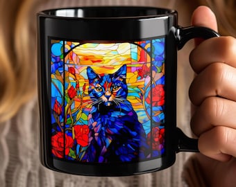 Stained Glass Cat Mug: Floral Ceramic Coffee Mug