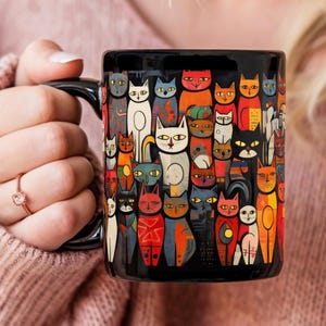 Colorful Cat Art Black Mug - Gift for Cat Lovers
