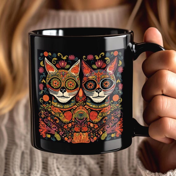 Vibrant Day of the Dead Cat Mug - Fun Coffee Cup for Cat Lovers, Artistic Black Mug for Dios de los Muertos and Halloween