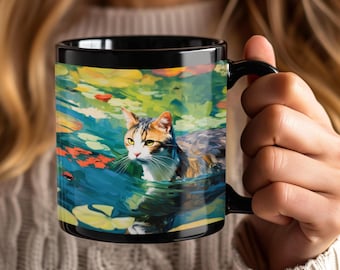 Monet Cat Coffee Mug: Impressionist Lily Pond Portrait