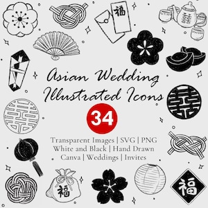 May include: Black and white illustrated icons for Asian weddings. The image includes various symbols like flowers, knots, lanterns, and envelopes with Chinese characters. The number 34 is in a red circle. Text reads "Asian Wedding Illustrated Icons."