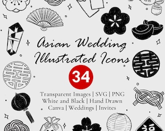 May include: Black and white illustrated icons for Asian weddings. The image includes various symbols like flowers, knots, lanterns, and envelopes with Chinese characters. The number 34 is in a red circle. Text reads "Asian Wedding Illustrated Icons."