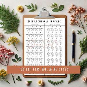 Puede incluir: Un rastreador de horario de sueño imprimible con iconos de despertador y luna. El rastreador está diseñado para usarse con papel de tamaño carta de EE. UU., A4 y A5.