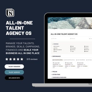 Peut inclure: Un tableau de bord numérique affiché sur un écran d'ordinateur portable intitulé All-In-One Talent Agency OS, avec des sections pour les bases de données, les performances et les pipelines. Le fond bleu foncé affiche le texte All-In-One Talent Agency OS.