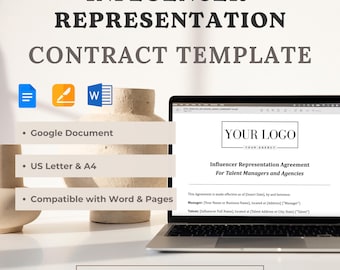 Influencer Repräsentationsvertrag Vorlage | Google Docs | Talent Manger oder Makler-Vereinbarung | Bearbeitbar (US Letter & A4)