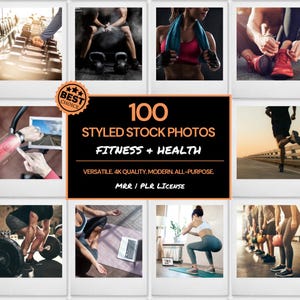 Peut inclure: Un collage de 100 photos de stock mettant en scène des personnes faisant de l'exercice et pratiquant des activités physiques. Les photos sont stylées et de haute qualité, parfaites pour une utilisation dans des supports marketing ou sur les réseaux sociaux. Le texte "100 PHOTOS DE STOCK STYLÉES FITNESS & SANTÉ" est affiché au centre du collage.