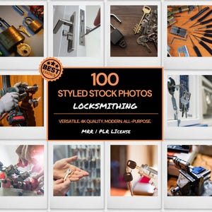 May include: A collection of 100 styled stock photos featuring locksmithing tools and equipment. The photos are high-quality and versatile, ideal for use in marketing materials, websites, and social media.