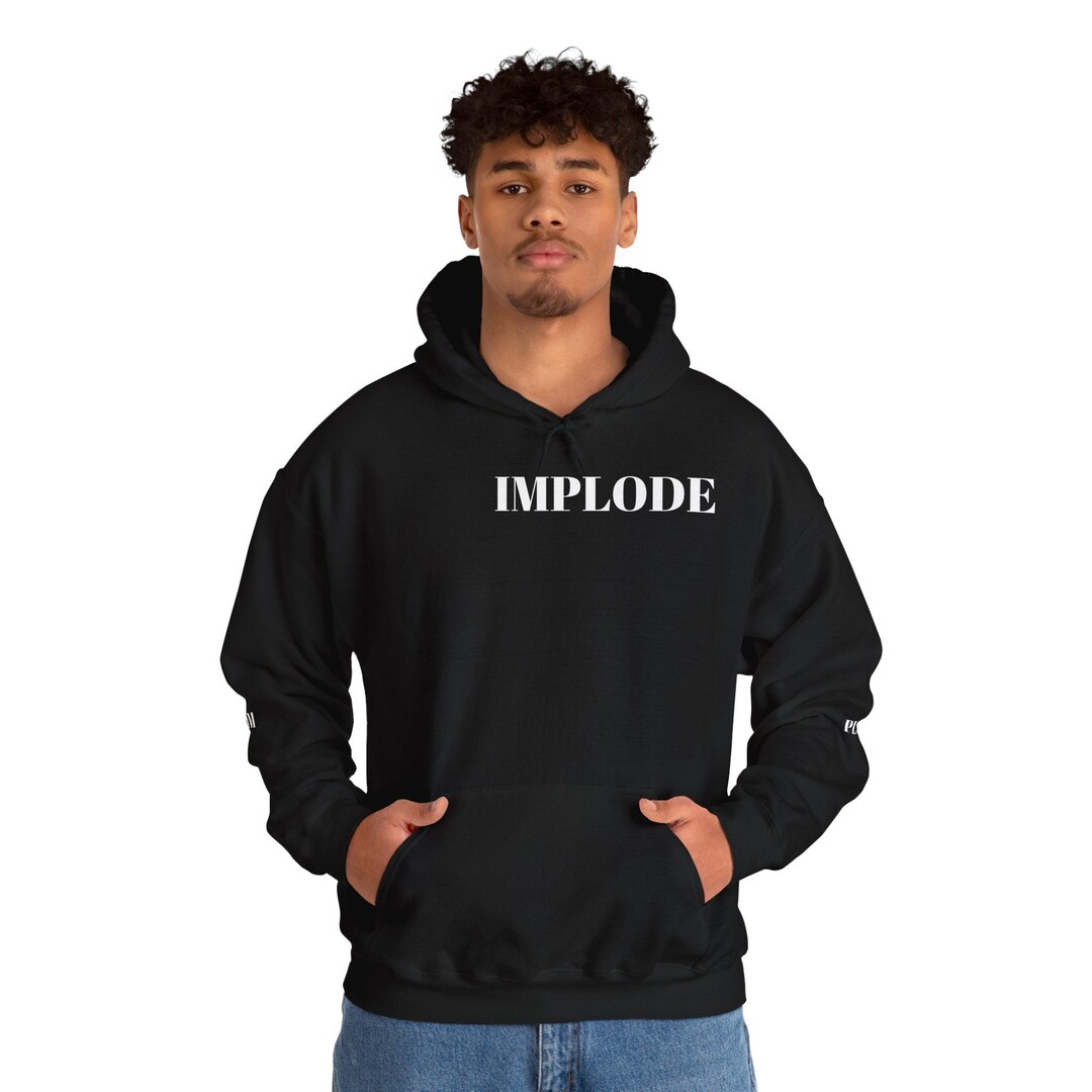 IMPLODE プリント ブラック パーカー - リラックス ラウンジウェア お出かけに最適なクールで快適なスウェットシャツ ユニセックス フード付きセーター 男性へのギフトに - 日本