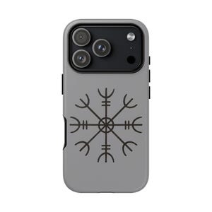 May include: A gray phone case featuring a black Vegvisir symbol. The case has a camera module with three lenses and a flash. The Vegvisir, a symbol of guidance, is centered on the back of the case.