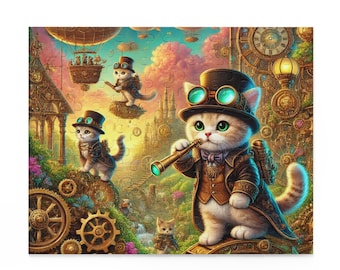 Steampunk Cats Exploration Fun Puzzle, 100/252 Pieces, Imaginative Cats Jigsaw, Unique Gift for Cat Lovers, Rainy Day Activity