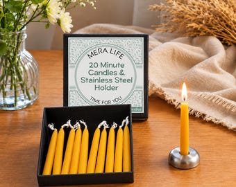 20 Minute Beeswax Candles & Stainless Steel Holder Set | Mini Meditation Candles | Metal Candle Holder for Thin Candles | Hygge Gift