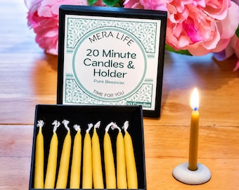 20 Minute Beeswax Candles & Ceramic Holder Starter Set | Pure Natural Beeswax Mini Candles | Candle Holder Gift | 10 or 20 Pack